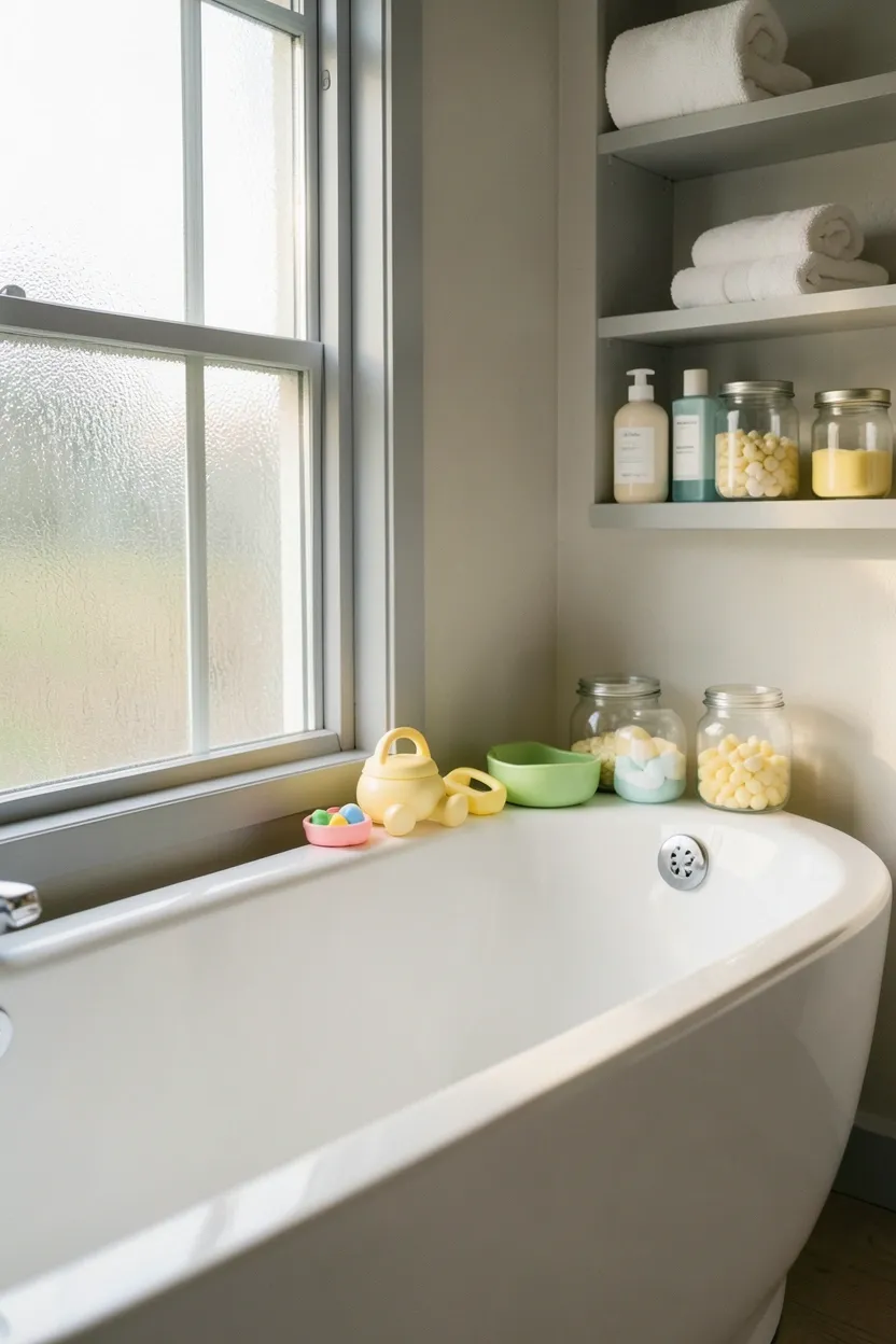 Toca Boca family home bathroom with freestanding white bathtub positioned beside a bright window with frosted glass for privacy