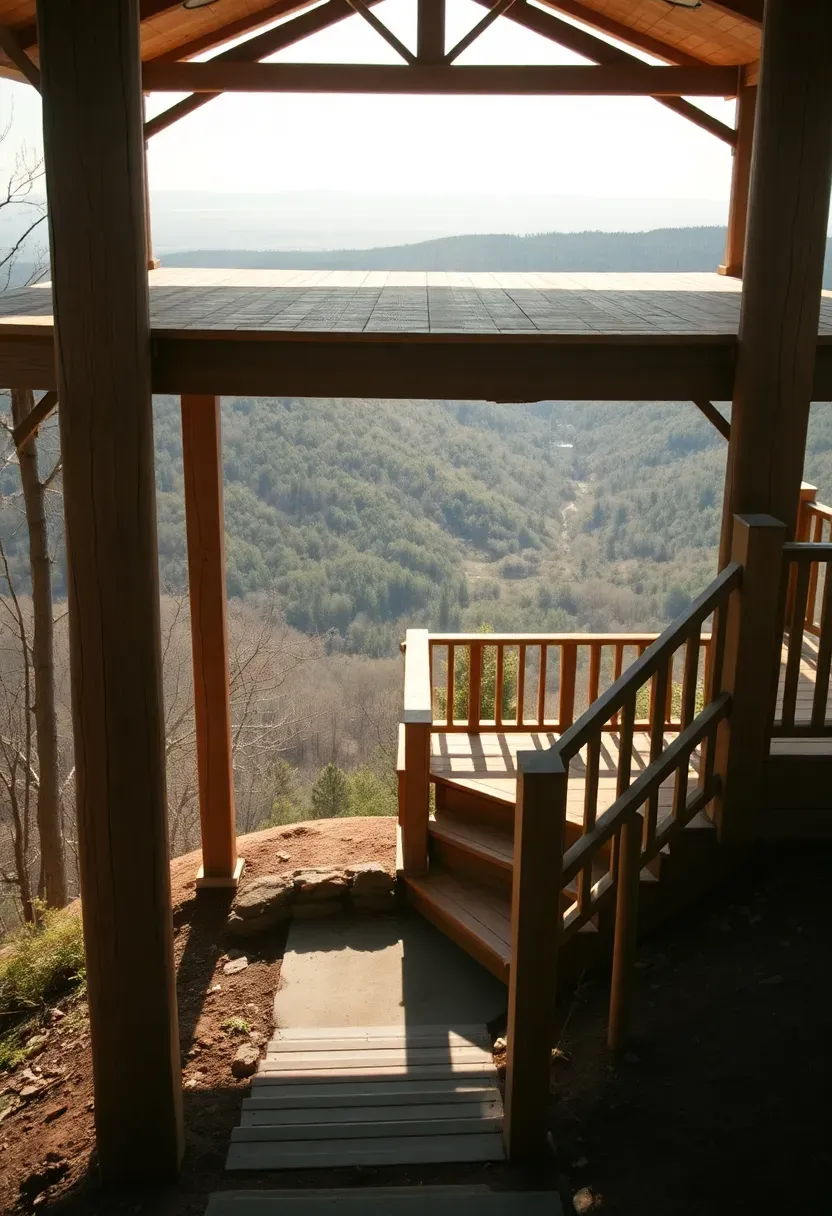 An elevated gazebo built on a hillside with tall wooden support posts, a wraparound deck with railing, stairs leading up from below, and a view of a wooded valley