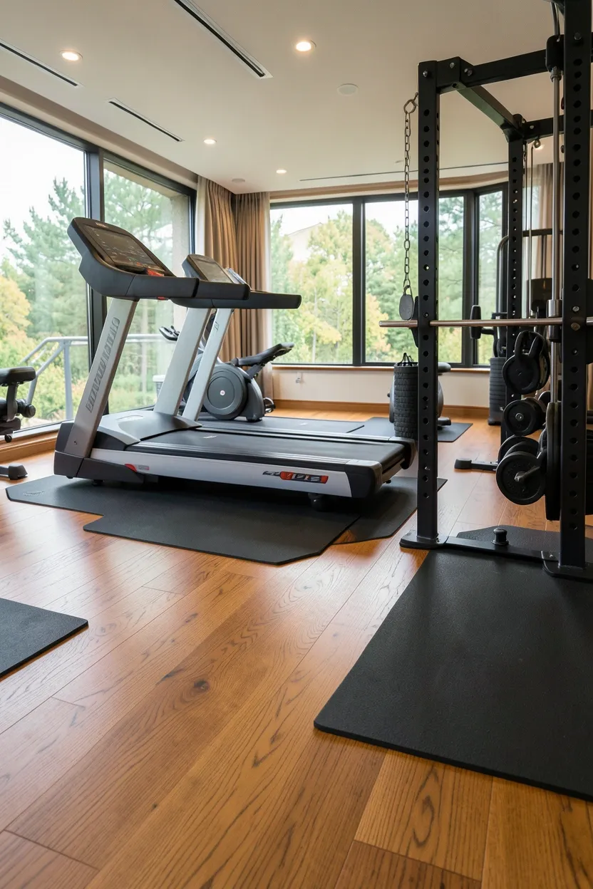Rich oak hardwood floor in a home gym with thick black rubber protective mats under a barbell rack
