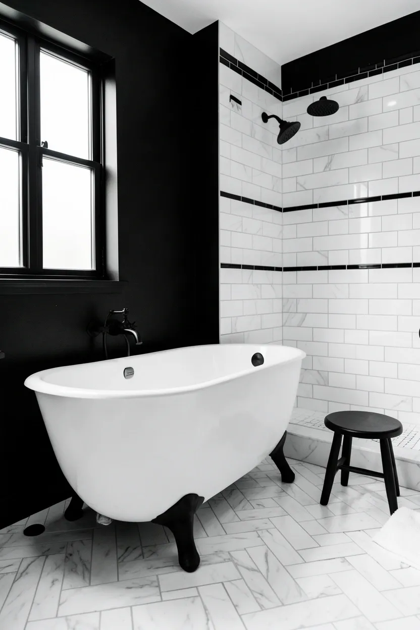 White herringbone floor tiles with angled pattern against dramatic black walls — elegant black and white bathroom