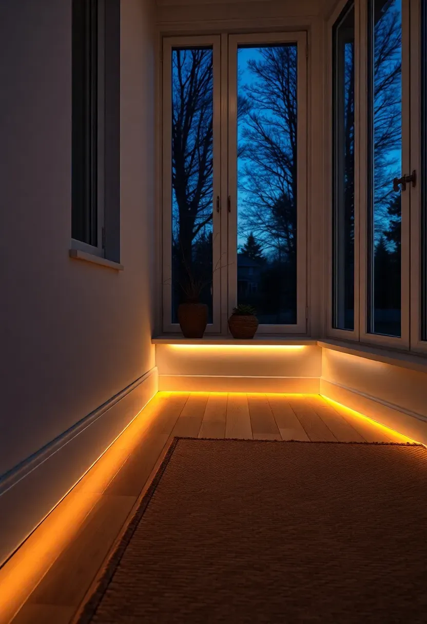 Small sunroom at dusk with a warm amber LED strip light running along the baseboard, casting a soft glow upward onto white walls and a jute rug, creating an intimate evening atmosphere