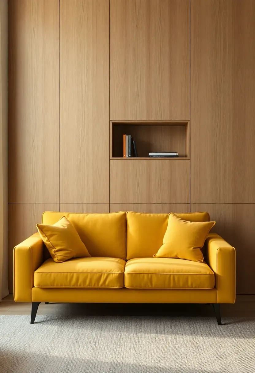 Storage wall behind sofa with oak veneer