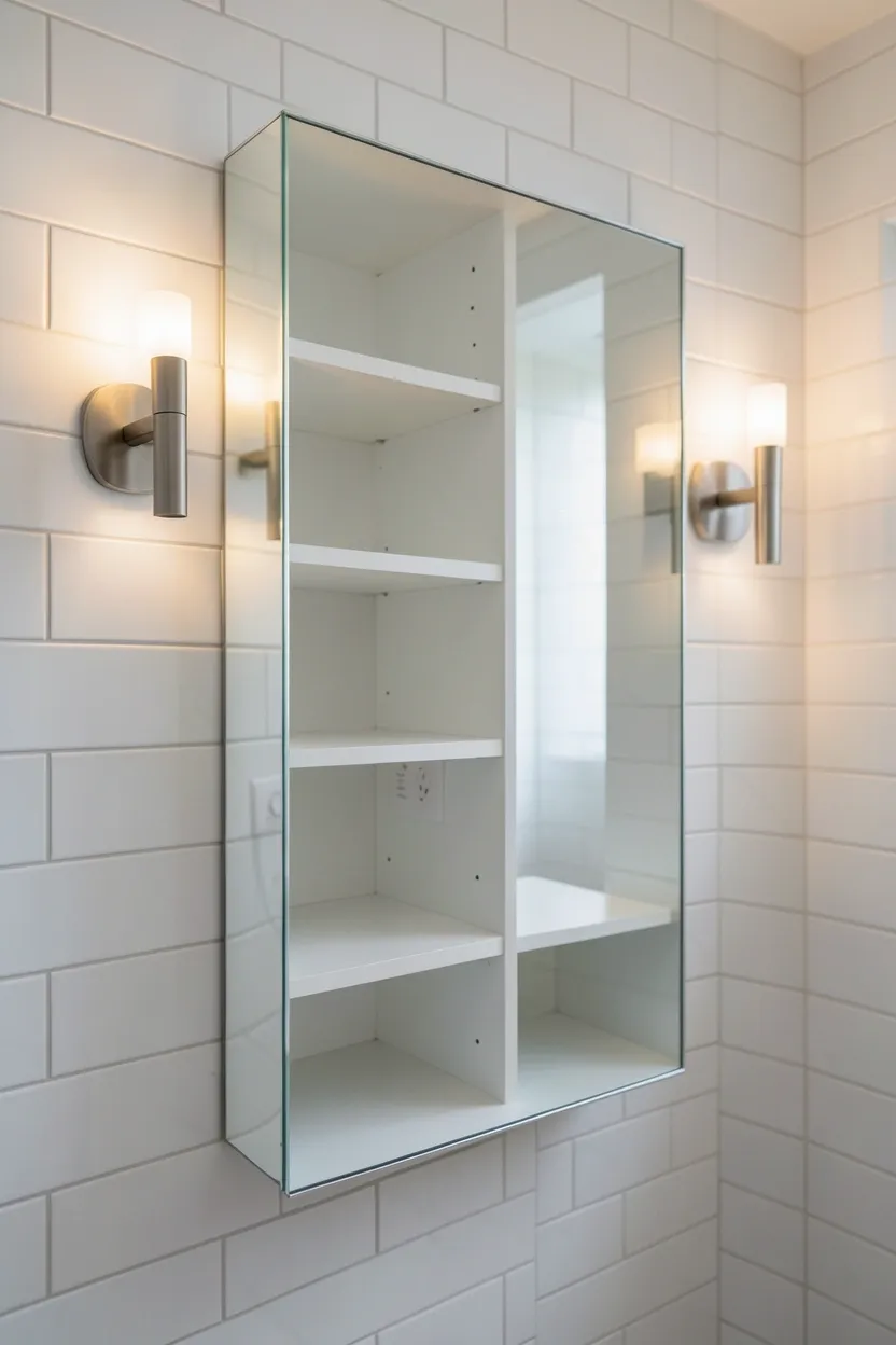 Mirrored recessed medicine cabinet flanked by brushed nickel wall sconces on white subway tile in a minimalist bathroom