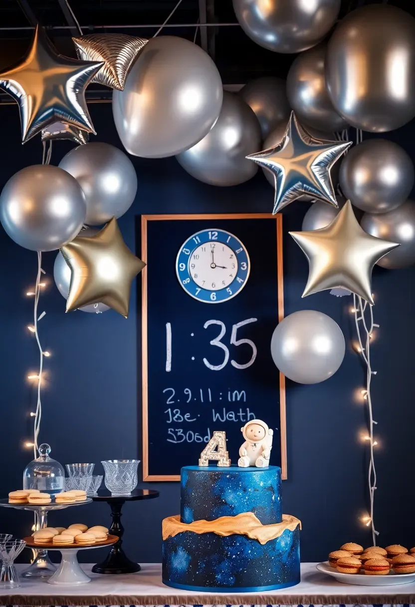 rocket ship space themed baby shower with silver mylar balloons planets and astronaut cake topper