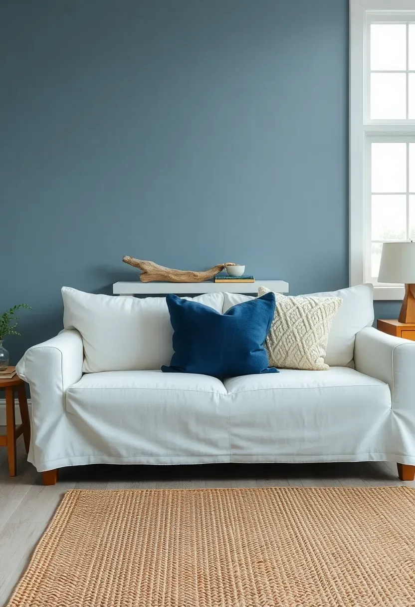 coastal living room with storm cloud blue accent wall behind a white linen sofa with navy throw pillows and driftwood decor