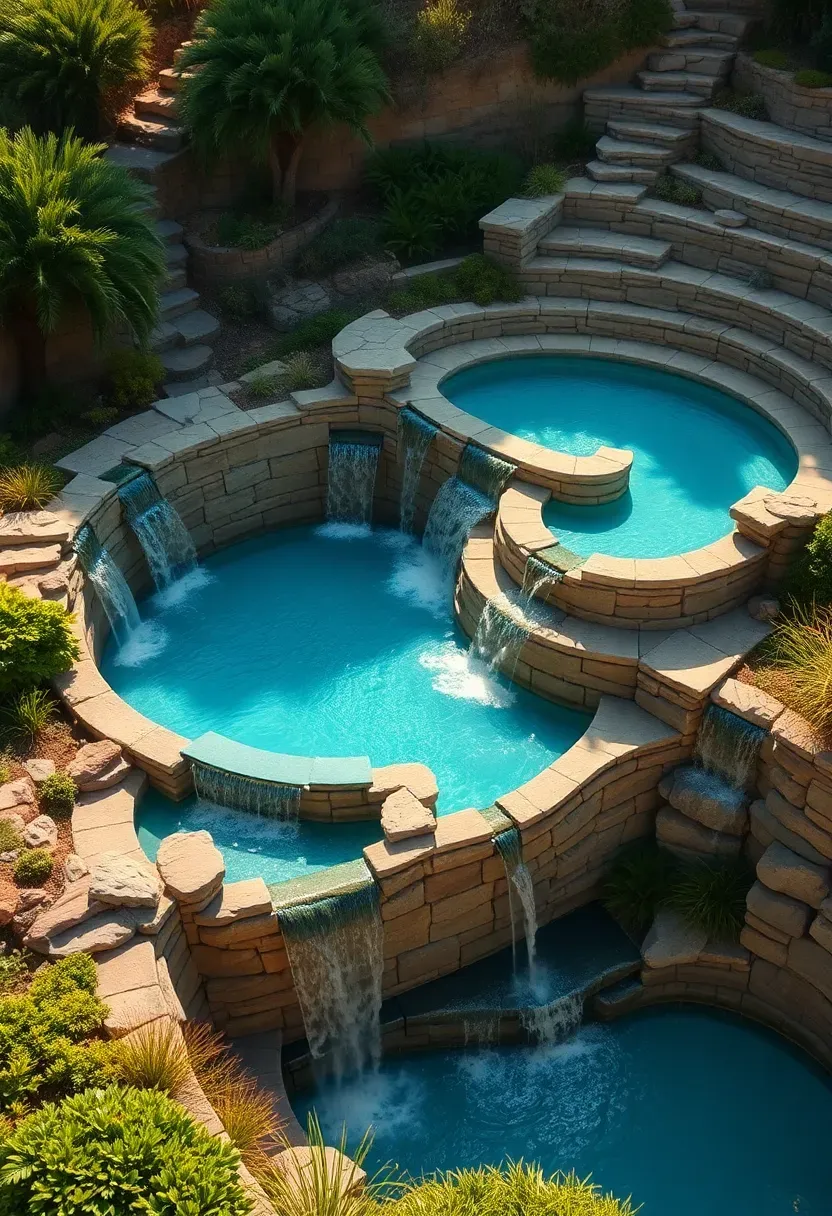 Multi-tiered pool design cascading down a hillside with waterfall features