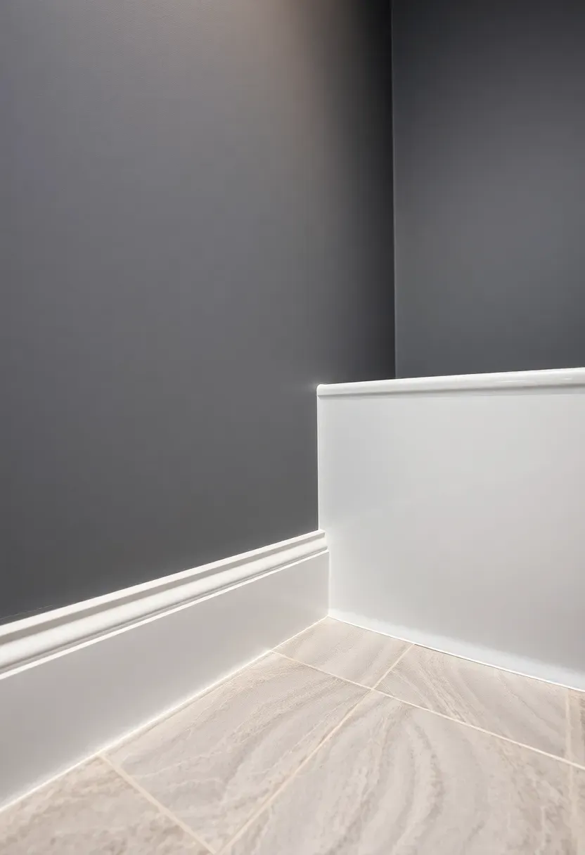 Flexible vinyl baseboard wrap in a dark gray finish curving along a rounded bathroom wall near the shower entry