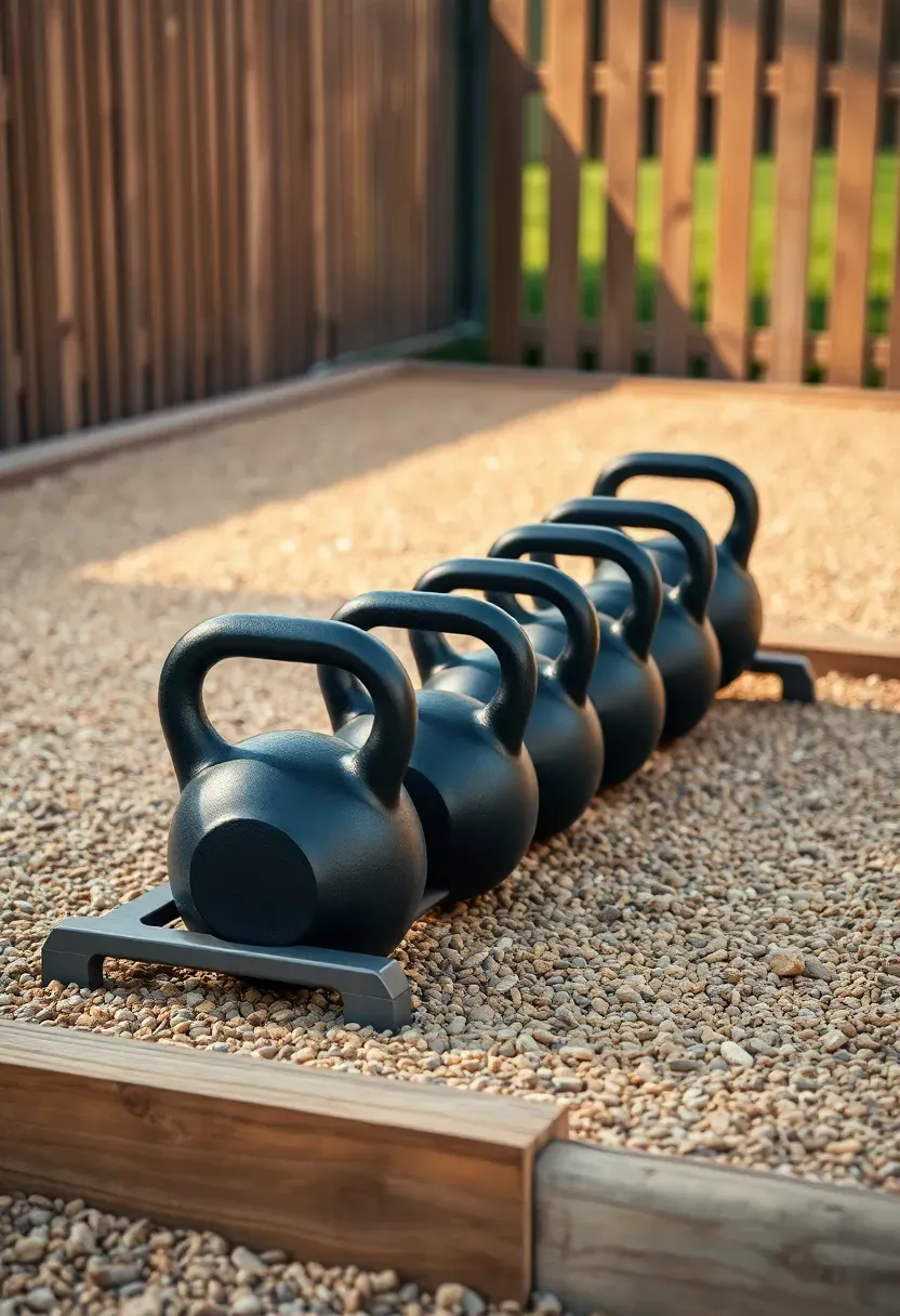Small outdoor kettlebell workout area on decomposed granite surface with a rack of various kettlebells, a single person mid-swing, and low wood border edging around the area