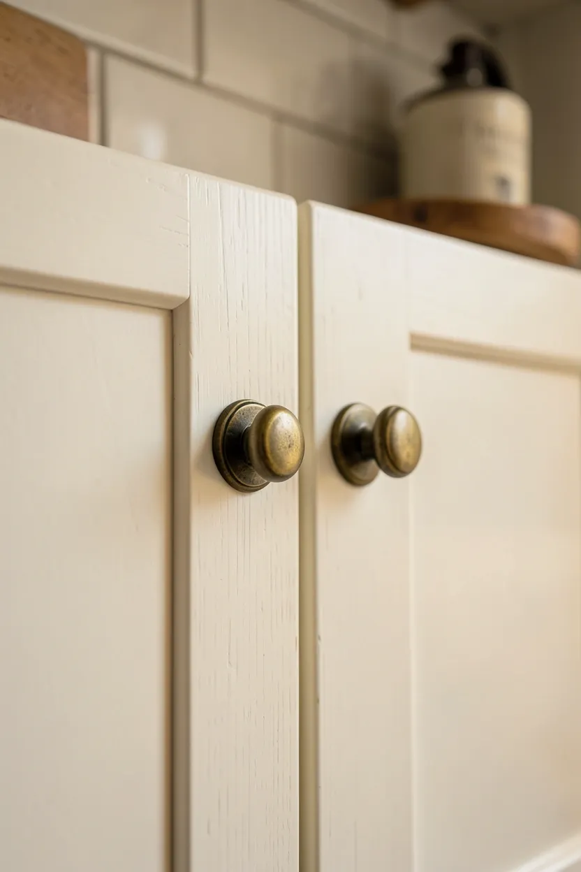 Antique brass cup pulls and vintage-inspired knobs on white cottage kitchen cabinets — easy renter-friendly upgrade