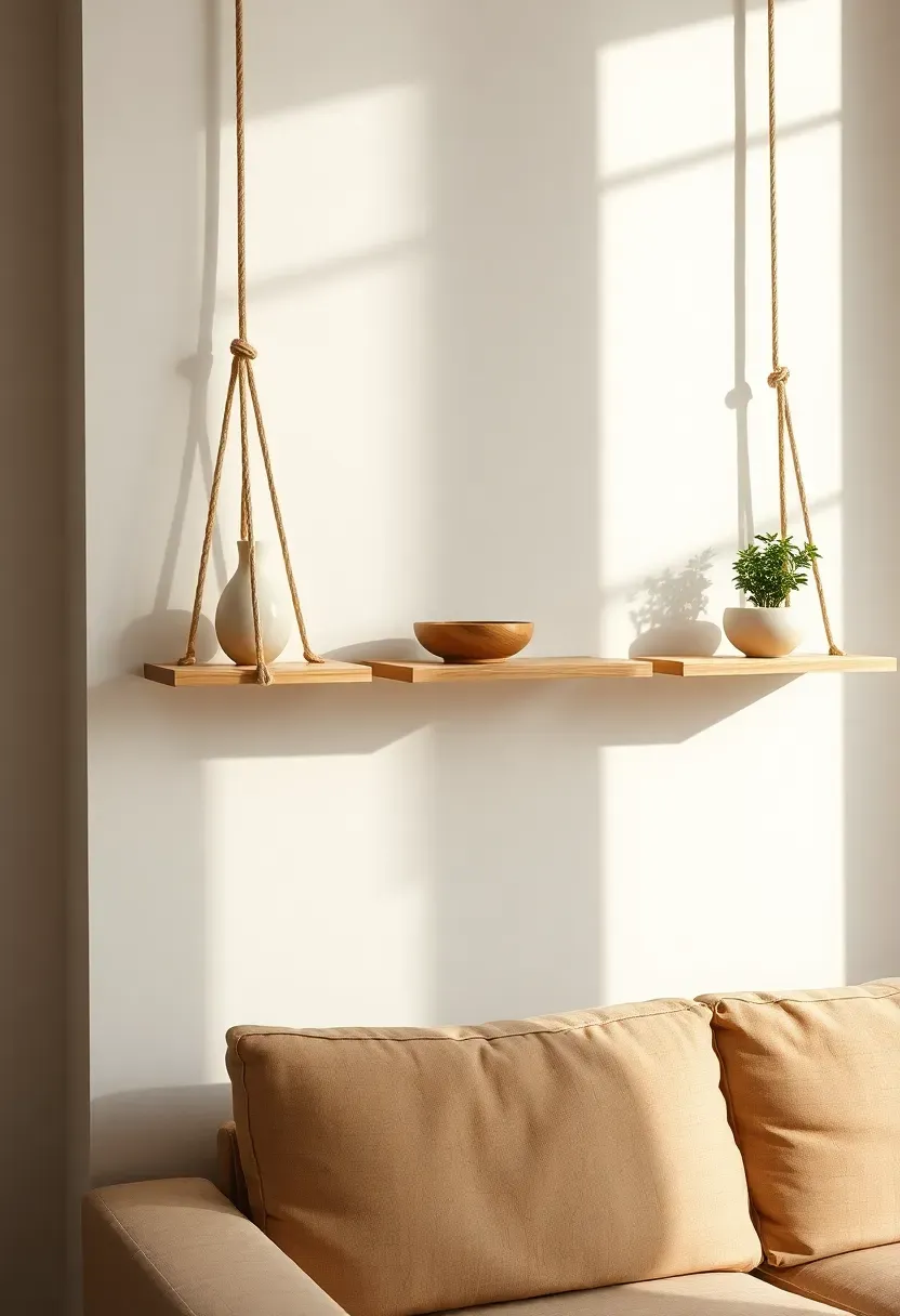 Hyper-realistic 3/4 view of minimalist Japandi living room wall featuring three suspended light oak wooden shelves held by thick natural rope, displaying minimal objects—ceramic vase, small plant, wooden bowl. Beige sofa visible below. Materials: warm white walls, light oak planks, natural jute rope, white ceramic, green plant. Soft natural daylight casting subtle shadows emphasizing rope texture and shelf depth, artisanal and serene atmosphere. Sharp details on wood grain and rope fiber, clean composition, no clutter, no text, no logos.</p>