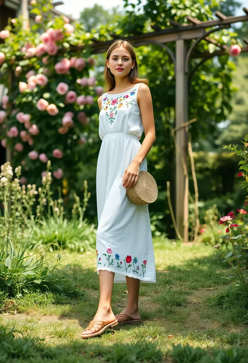 woman in a white embroidered cotton dress with delicate floral stitching at a garden party