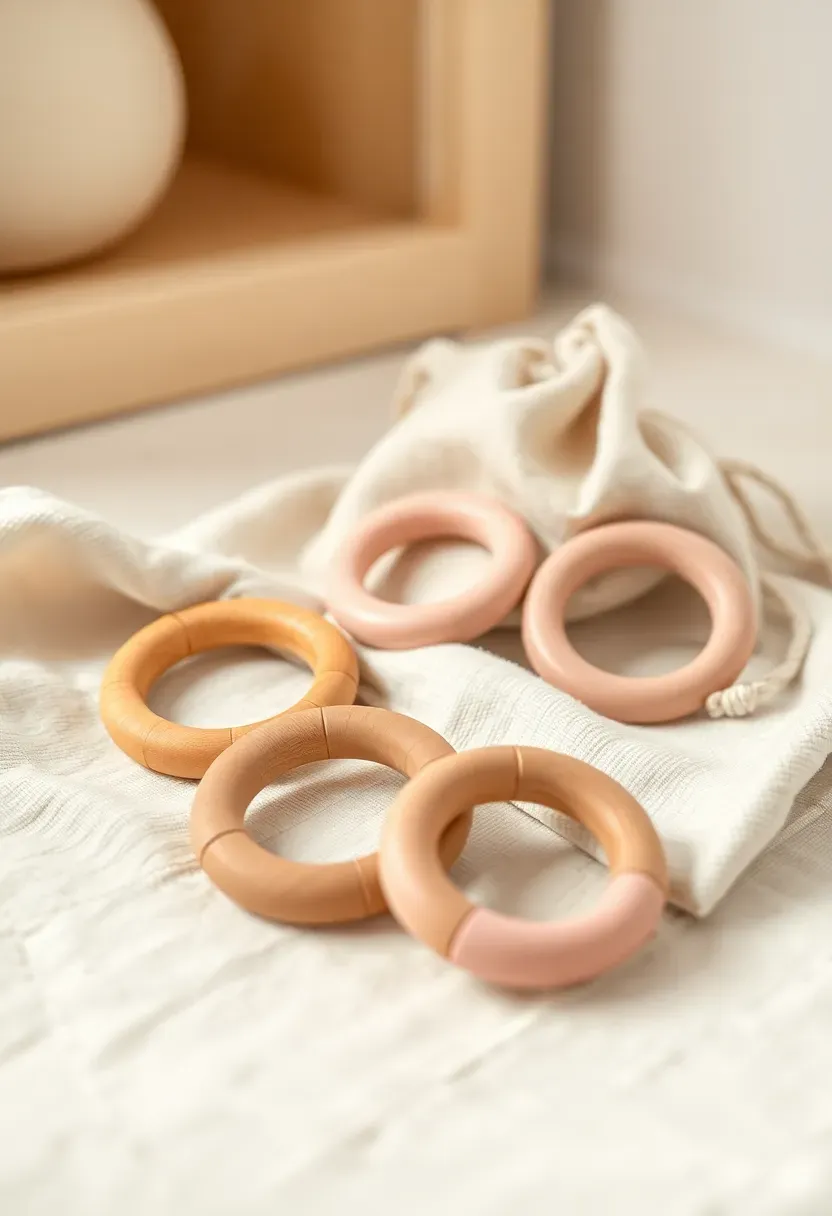 organic wooden and silicone teething ring set in pink and natural tones