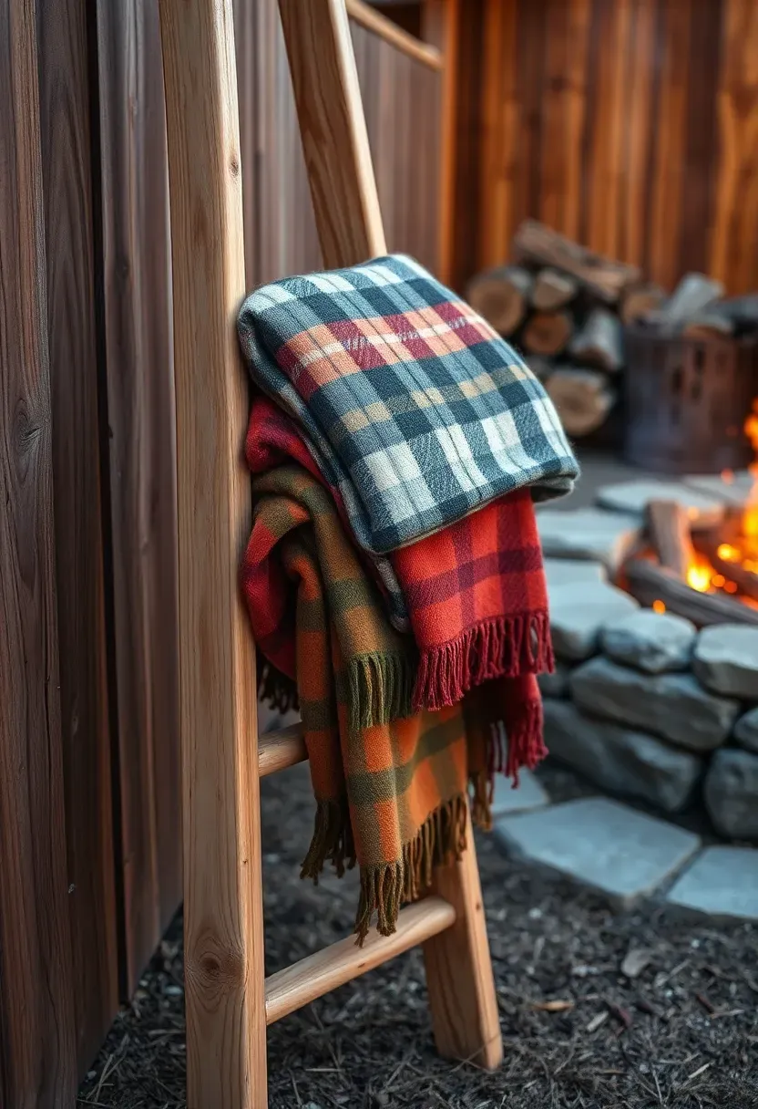 A rustic wooden blanket ladder leaning next to an outdoor fire pit area with folded plaid blankets draped on its rungs