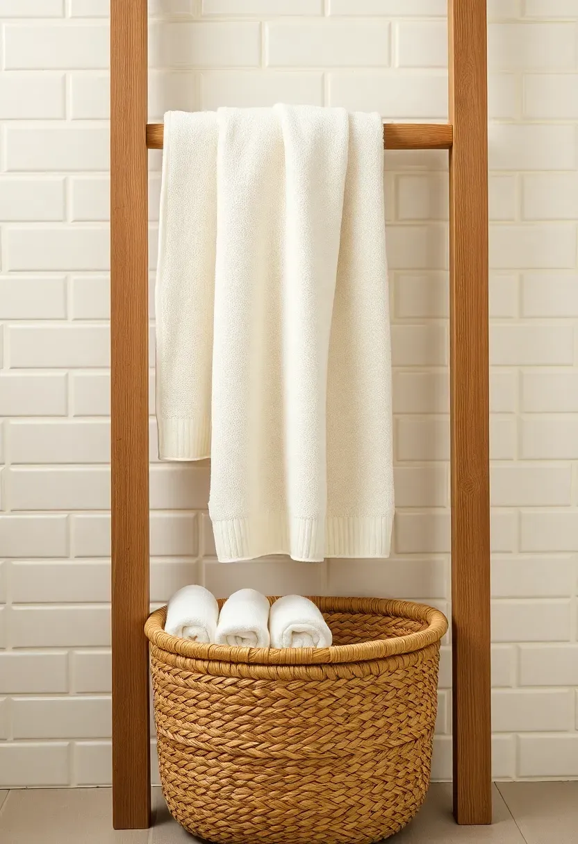 Hyper-realistic full view of white oak towel ladder leaning against white subway tile wall, three plush ivory towels draped over rungs, woven basket at base holding rolled face cloths. Materials: white oak timber, plush cotton towels, seagrass basket, white tile. Warm low diffused light, creamy neutrals with warm wood tone. Casual minimalist mood, shallow depth of field with sharp wood grain detail, soft shadows. Vertical 2:3 framing. No logos.</p>