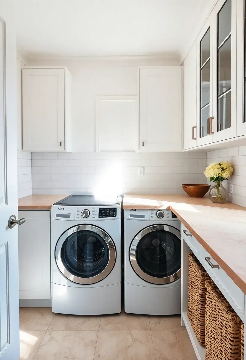 Hyper-realistic straight-on view of laundry room with white side-by-side washer and dryer, expansive honed quartz countertop in warm beige with subtle veining, white subway tile backsplash with gray grout, upper wall cabinets with glass doors, woven laundry baskets below. Materials: engineered stone, ceramic tile, painted wood, natural fiber baskets. Soft daylight from window, bright overhead lighting. Clean functional mood, sharp focus on countertop texture. No text, no logos, no watermarks.</p>