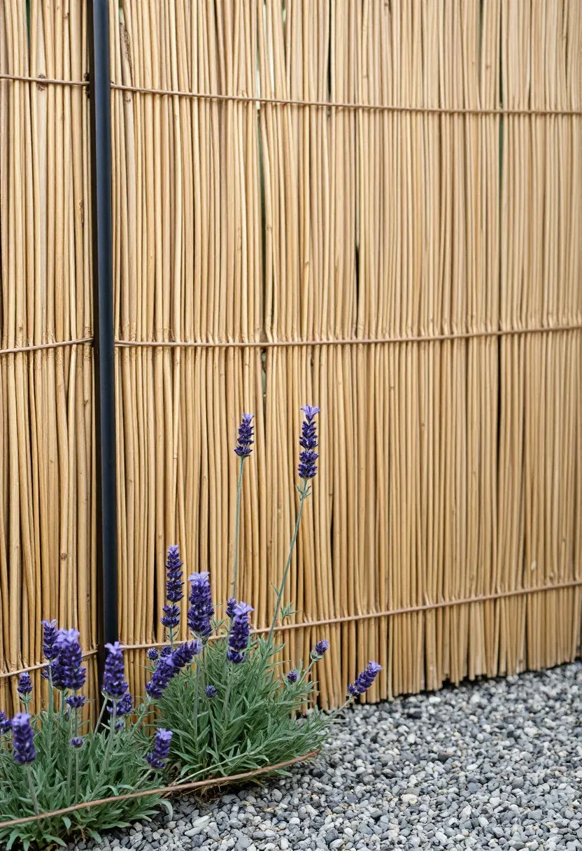 Natural reed screen panel wired to a simple metal frame creating a privacy barrier in a backyard garden with lavender plants at the base