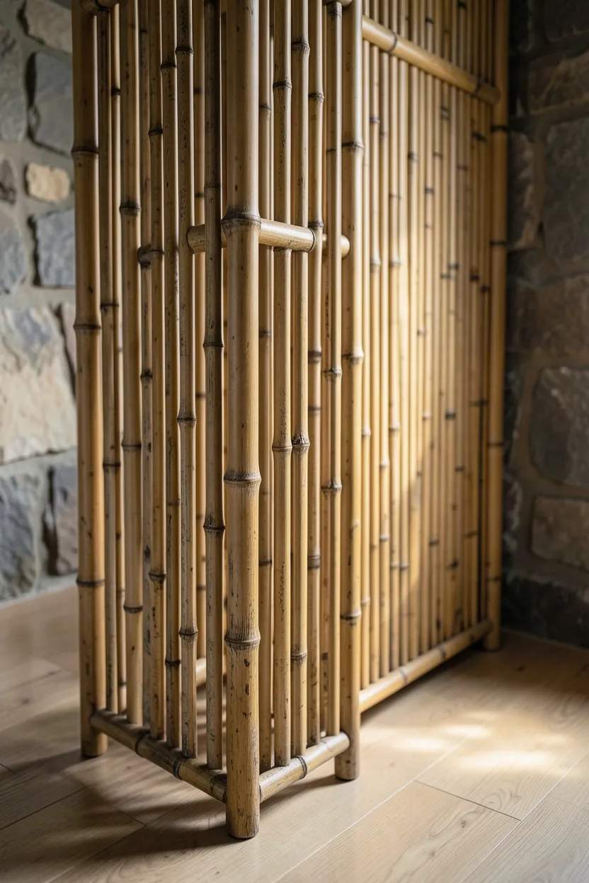Collection of hand-thrown ceramic bowls and vases in earth tones arranged on floating wood shelves in a wabi sabi bedroom