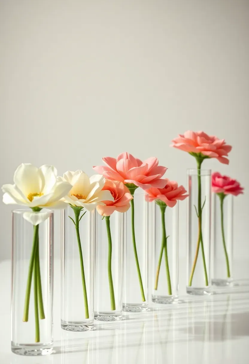 Statement flower bar with tall glass cylinder vases holding single flower varieties in gradient colors from white to deep purple