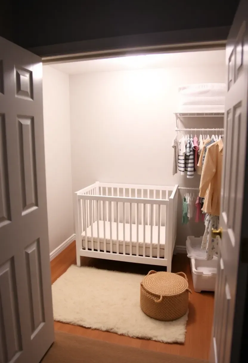 Walk-in closet converted to nursery nook with mini crib, LED lighting, and baby clothing on closet rod in a rental bedroom