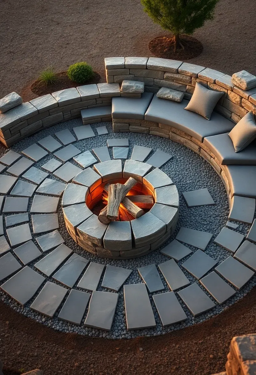 Circular flagstone fire pit area with built-in stone bench seating surrounded by landscaped gravel in a backyard remodel
