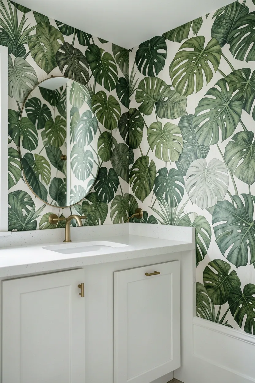 Hyper-realistic eye-level photograph of a modern green bathroom accent wall featuring botanical wallpaper with large monstera leaf prints in shades of sage, olive, and forest green, white vanity with white quartz countertop, brass fixtures, small round mirror. Soft natural light. Materials: botanical wallpaper, white quartz, brass fixtures. Organic nature-inspired green aesthetic. Soft shadow details. No text, no logos, no watermarks.</p>