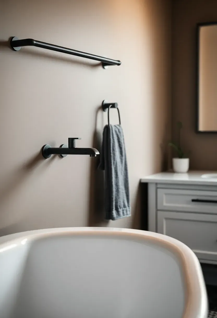 Light wood floating wall shelves with rolled towels and small potted plants in a clean white apartment bathroom
