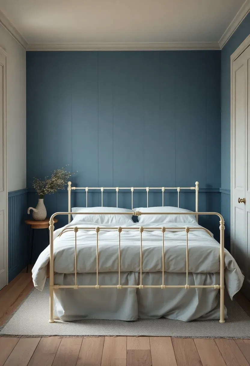 Ink-blue wainscoting framing an ivory iron bed