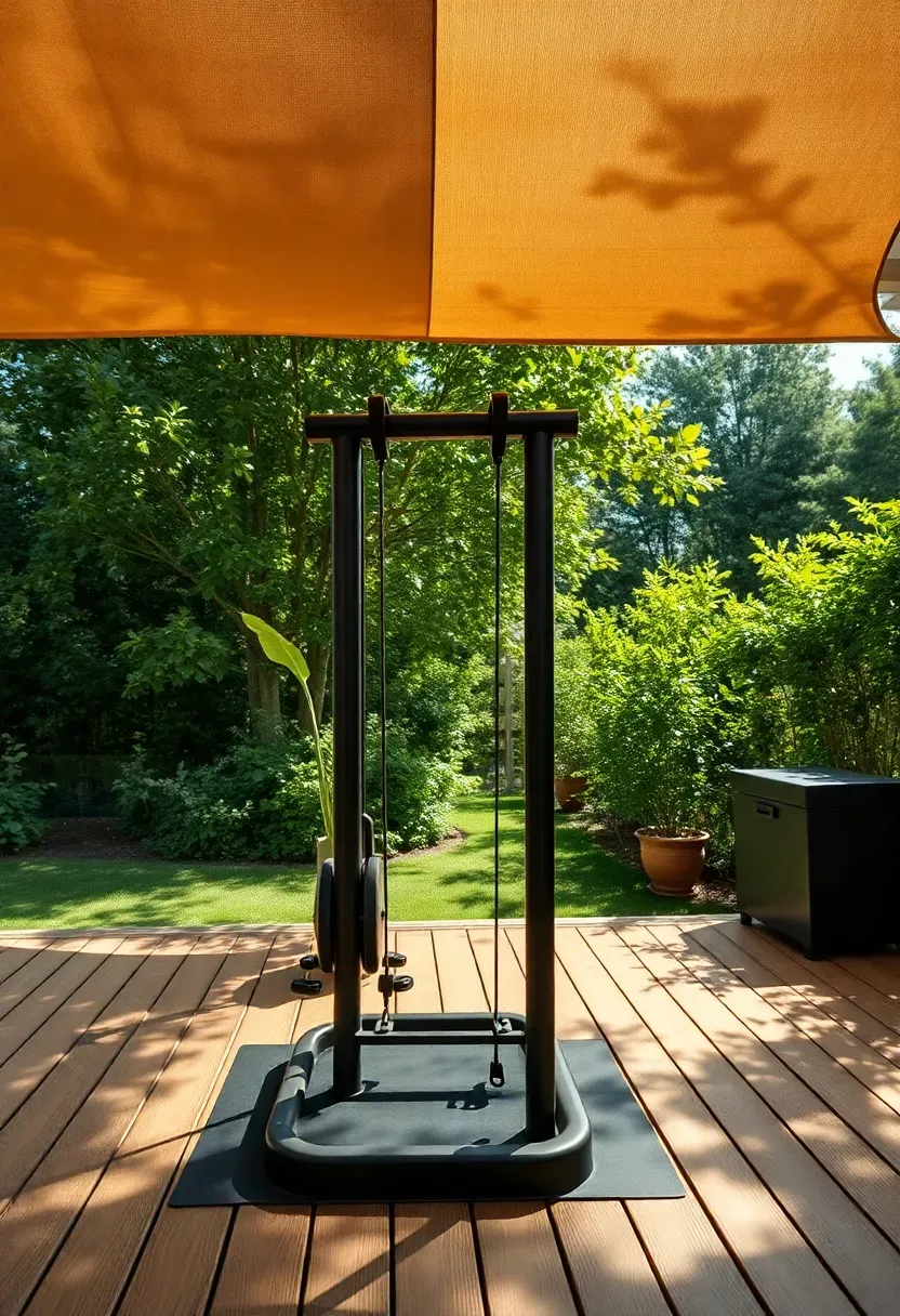 Outdoor wooden deck functional trainer setup with weather-resistant equipment, shade sail overhead, and a view of greenery