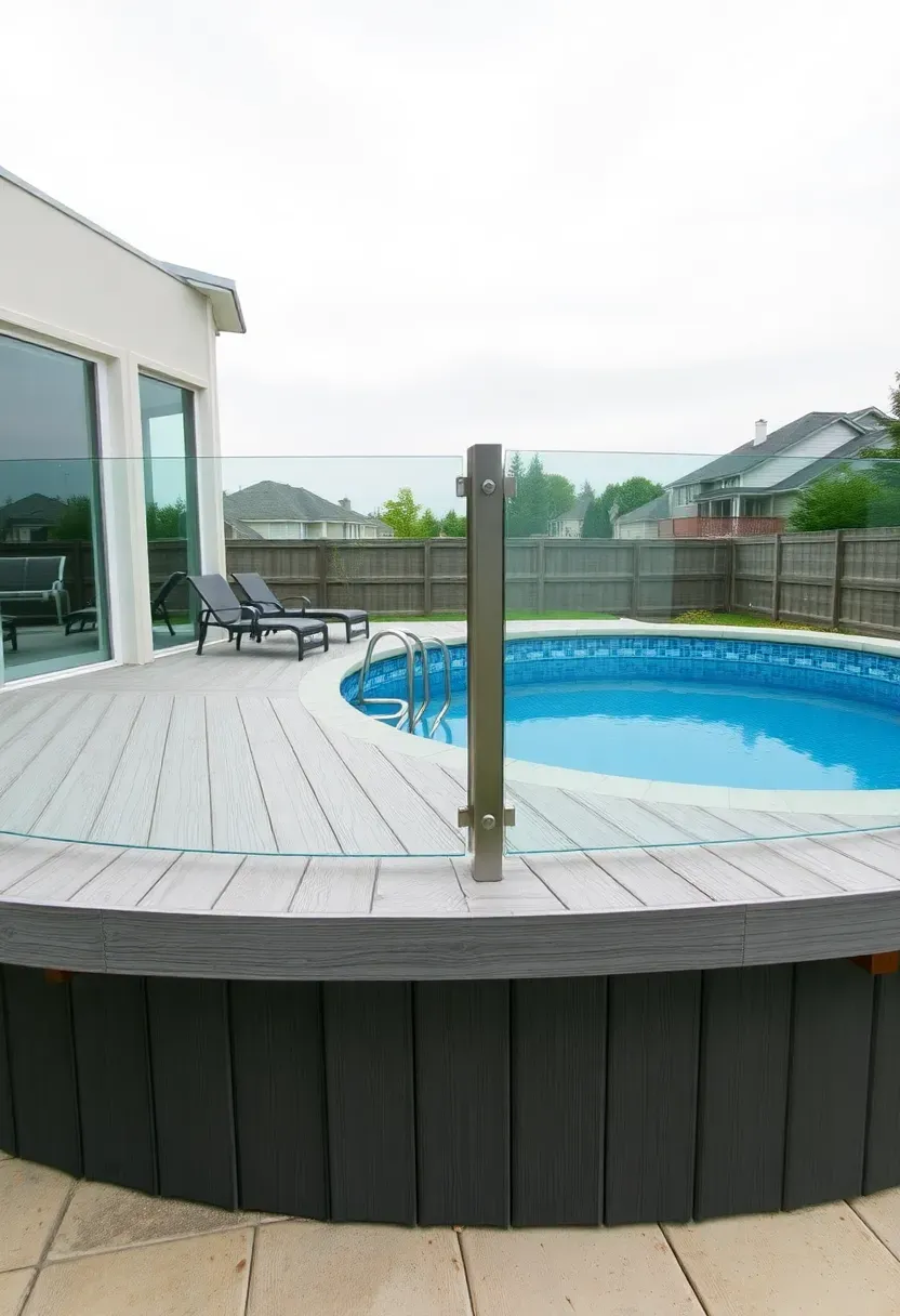 Hyper-realistic 3/4 view of round above-ground pool with contemporary composite deck and frameless glass railing system. Materials: light gray composite decking with subtle wood grain texture, frameless tempered glass panels with brushed metal standoff mounts, dark gray pool framework, light-colored concrete pavers beneath. Bright overcast daylight providing even illumination without harsh shadows, revealing decking texture and glass transparency. Modern minimalist aesthetic mood showing clean lines and unobstructed sightlines through glass to backyard beyond. Pool water in calm blue. Visible outdoor furniture with contemporary lines on deck. No text, no logos, no watermarks.</p>