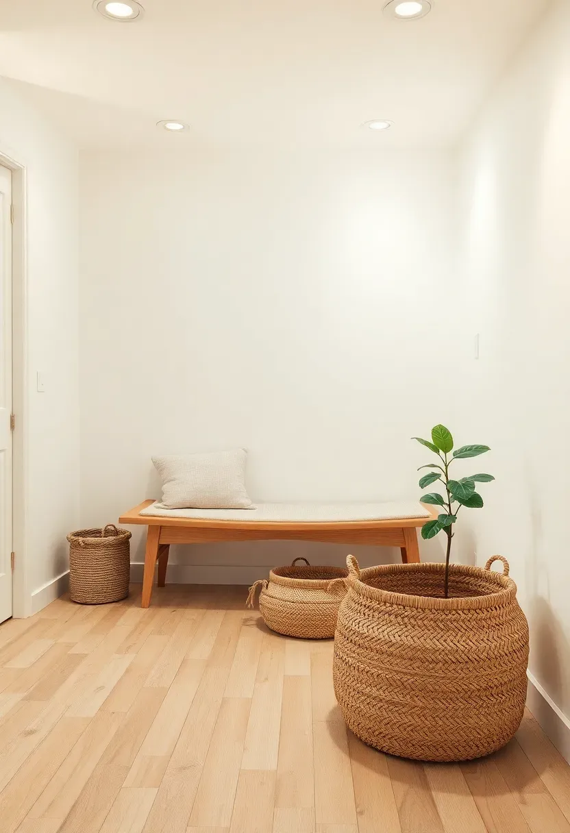 bright basement with soft linen white walls and minimal furniture in natural tones