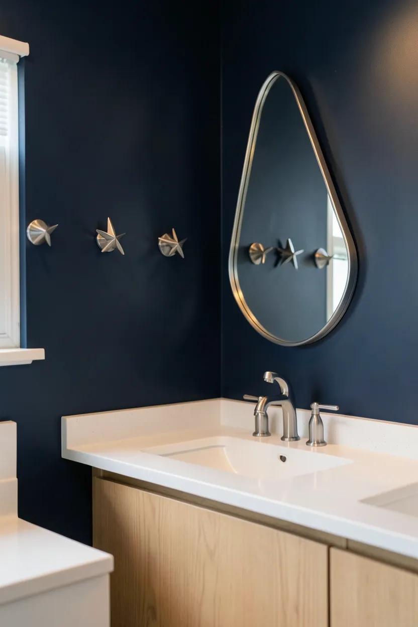 Toca Boca space-themed bathroom with navy blue walls, silver accents, star decals, and constellation shower curtain