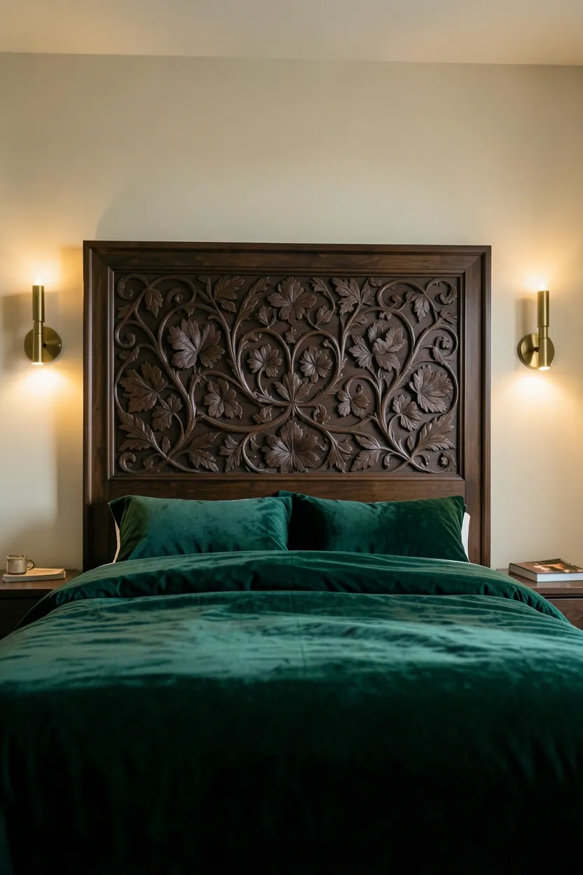 Hyper-realistic eye-level photograph of a maximalist bedroom featuring an oversized wooden headboard with intricate botanical carving in dark walnut finish, flanked by brass wall sconces casting warm light that highlights carving details. Materials: carved dark walnut headboard, brass light fixtures, velvet emerald duvet, cream walls. Warm ambient light from sconces, creating dramatic shadows that emphasize carving depth. Coherent mood: sophisticated and artisanal maximalist bedroom with statement architectural element. Shallow depth of field, sharp details on headboard carving, balanced composition showing bed and room context. No text, no logos, no watermarks.</p>