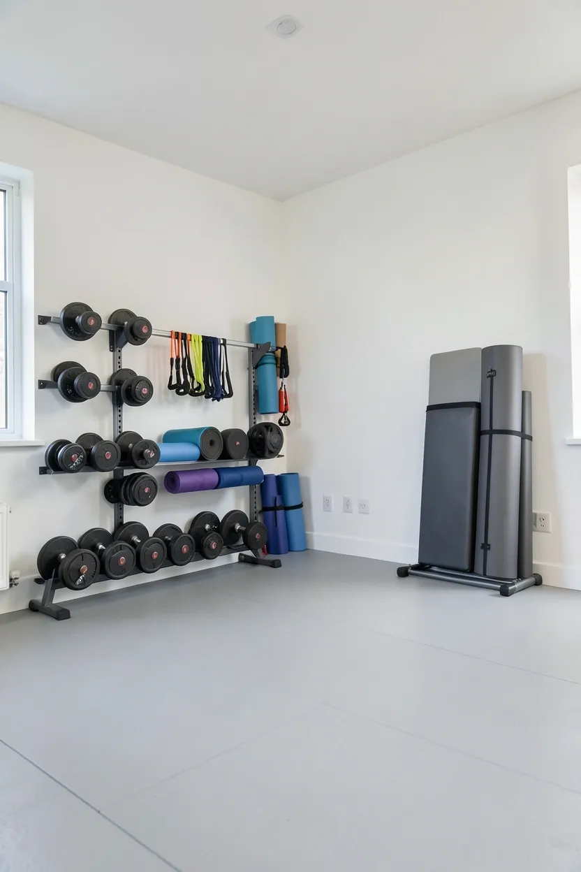 Decluttered small gym room with all equipment in labeled wall-mounted storage, clear rubber flooring, and organized zones — minimalist workout space for apartments