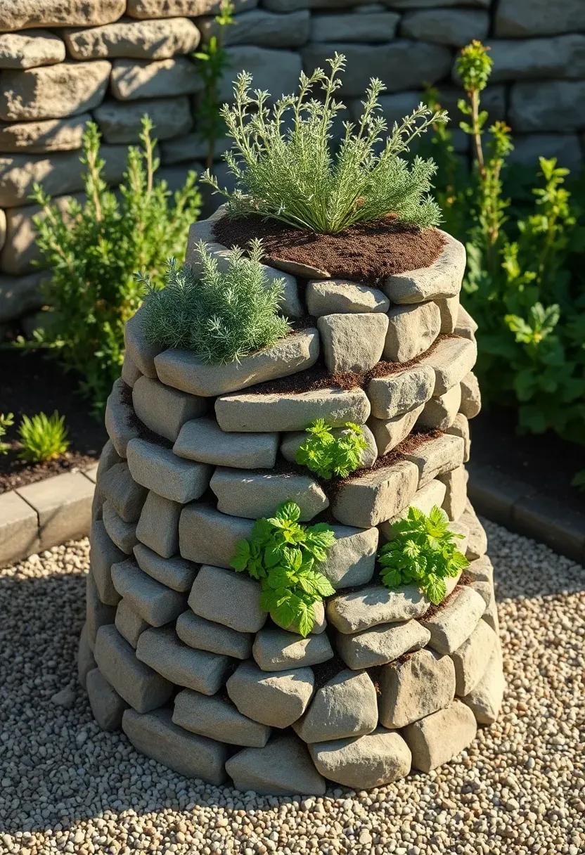 Vertical spiral herb tower built from stacked stones and soil in a garden, planted with rosemary, thyme, and mint at different heights, in bright natural sunlight