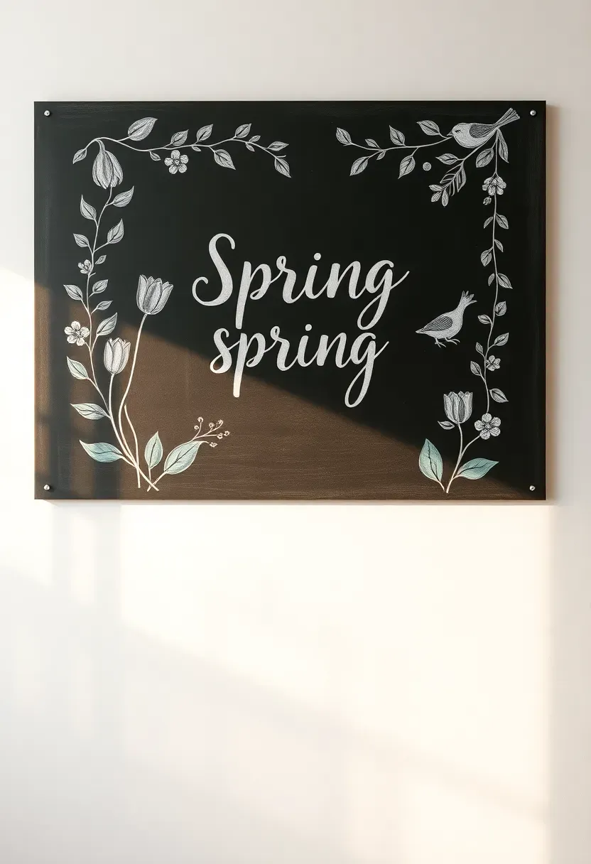 spring chalkboard sign with hand-lettered seasonal quote surrounded by chalk-drawn botanicals and flowers