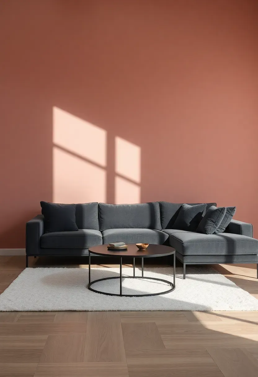Hyper-realistic 3/4 view of a minimalist living room with dusty rose walls, charcoal gray sectional sofa, black metal coffee table, and white wool area rug. Materials: matte dusty rose paint, charcoal gray velvet upholstery, black metal frame, white wool rug, light oak flooring. Soft natural daylight with dramatic shadows, modern and sophisticated atmosphere. High-contrast composition with negative space, sharp textures on velvet and metal, no clutter, no text, no watermarks.</p>