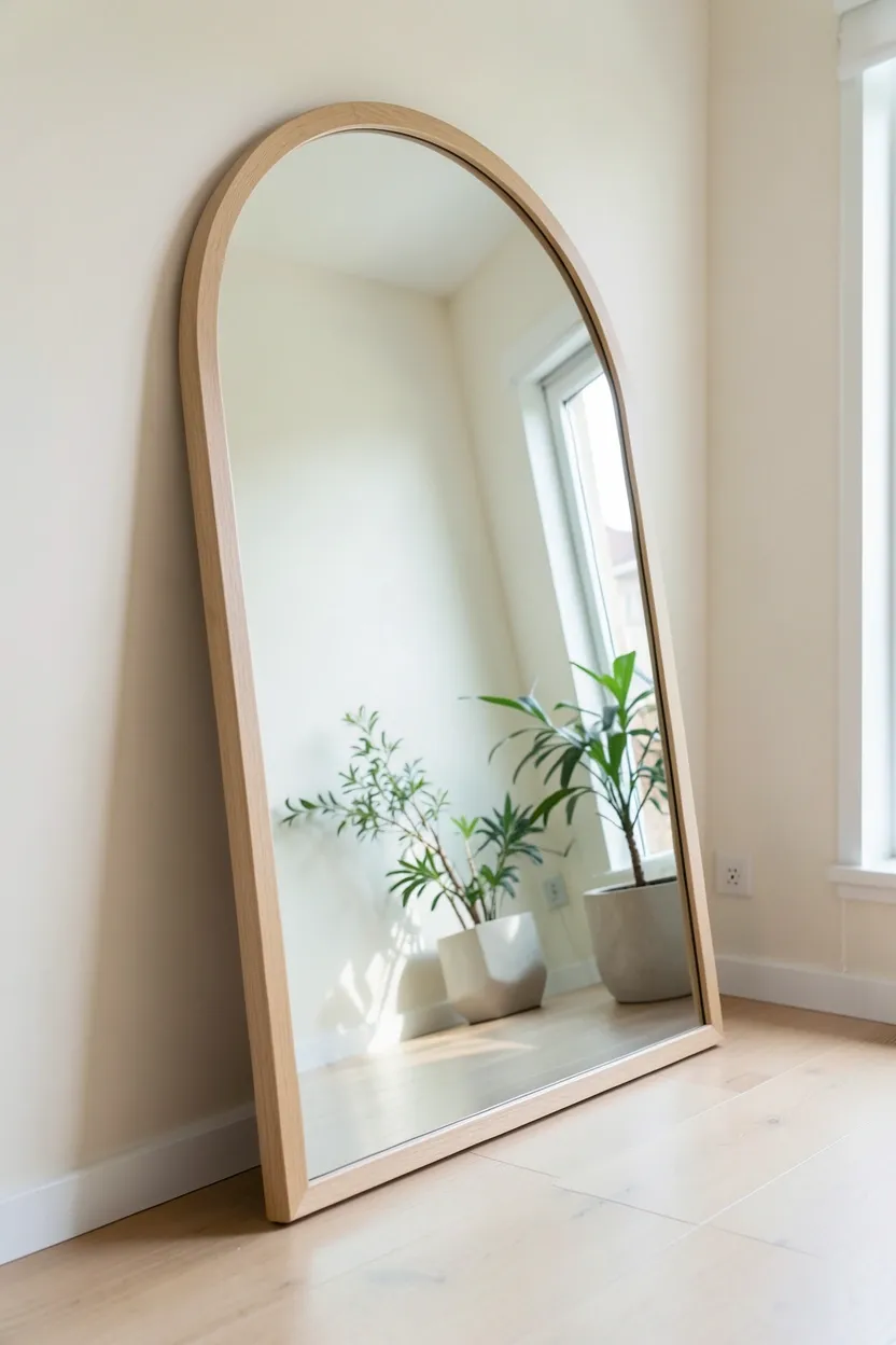 Large arched floor mirror with thin black metal frame leaned against a white wall in a bright minimal Japandi living room