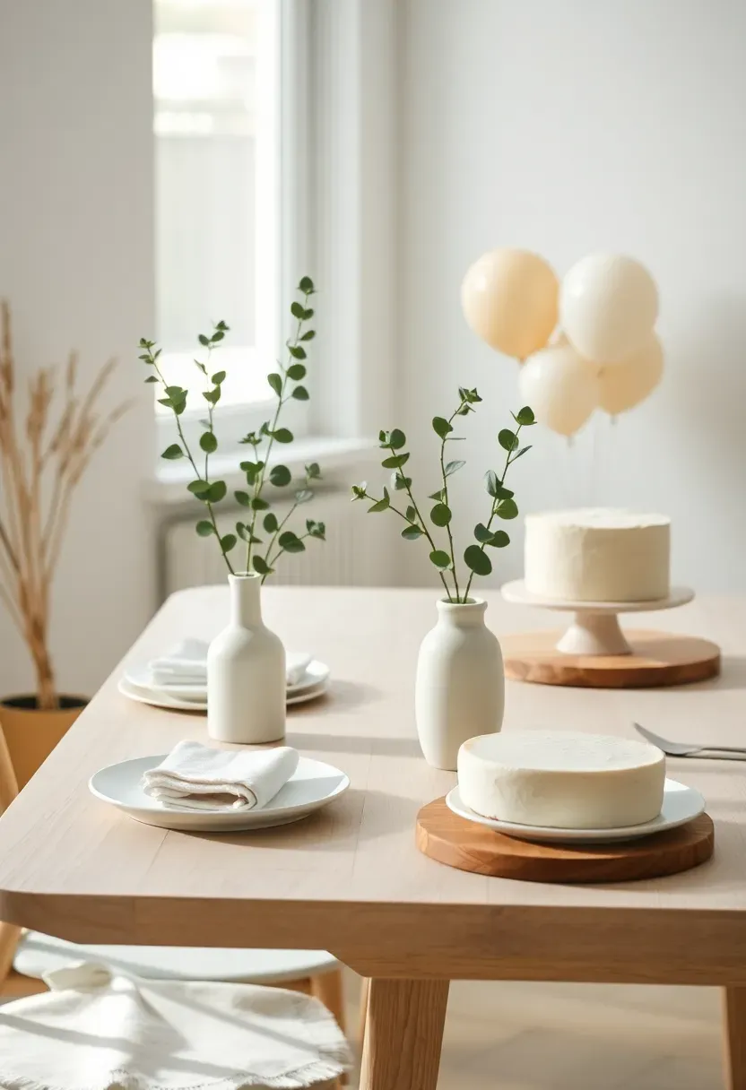 minimalist scandinavian baby shower with white and pale wood decor simple greenery in ceramic vases clean line furniture and neutral toned balloons