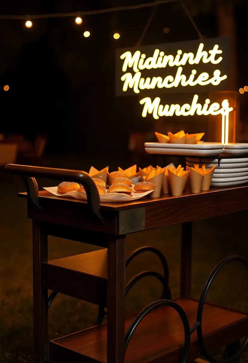 A late-night snack cart at a backyard wedding with a vintage wooden cart holding trays of sliders, fries in paper cones, and a neon sign reading Midnight Munchies
