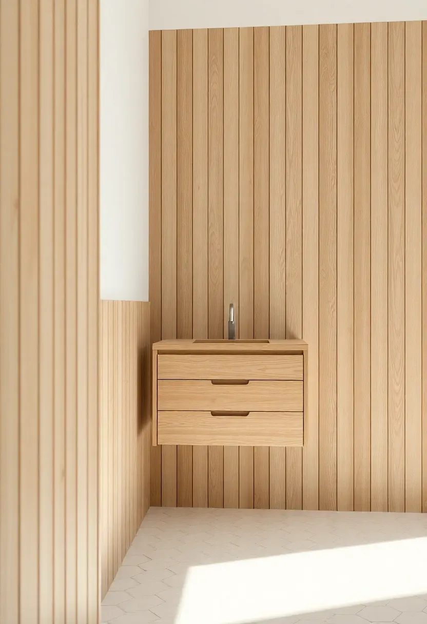 Hyper-realistic close-up of vertical white oak timber slats covering lower wall portion, white painted wall above, white hexagonal tile floor, floating oak vanity partially visible. Materials: white oak timber slats, white painted plaster wall, white hex tiles, brushed nickel fixtures. Warm low diffused window light, pale neutrals with wood grain texture. Architectural minimalist mood, shallow depth of field with sharp slat detail, soft shadows. Vertical 2:3 framing. No text.</p>