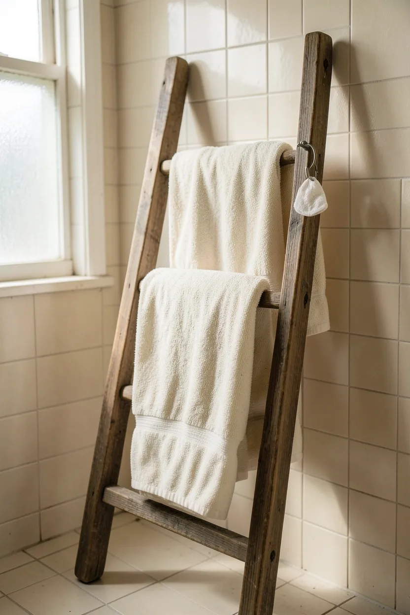 Rustic wooden ladder leaning against white tile wall in a rental bathroom, holding folded bath towels and a small hanging woven basket