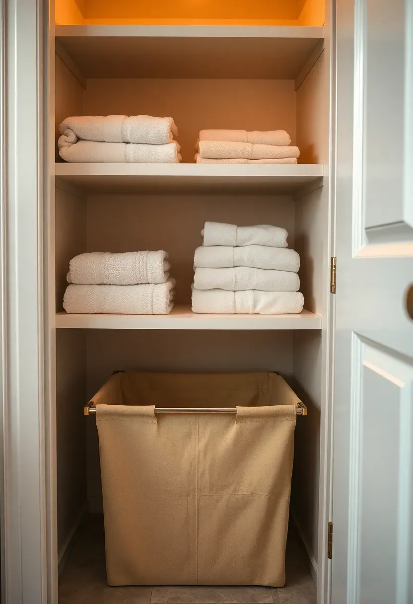 Bathroom closet interior with a built-in pull-out hamper drawer at the bottom below linen shelves