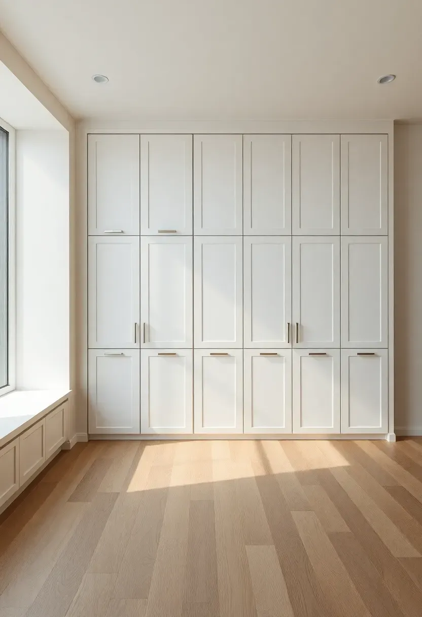 Hyper-realistic full wall view of minimalist living room with floor-to-ceiling white built-in storage cabinets, push-to-open doors, minimal visible hardware, white walls, light oak floor. Materials: white matte lacquer cabinetry, integrated handles, oak floor. Natural light, serene organized mood. Seamless storage wall, shallow depth of field, no text, no logos.</p>