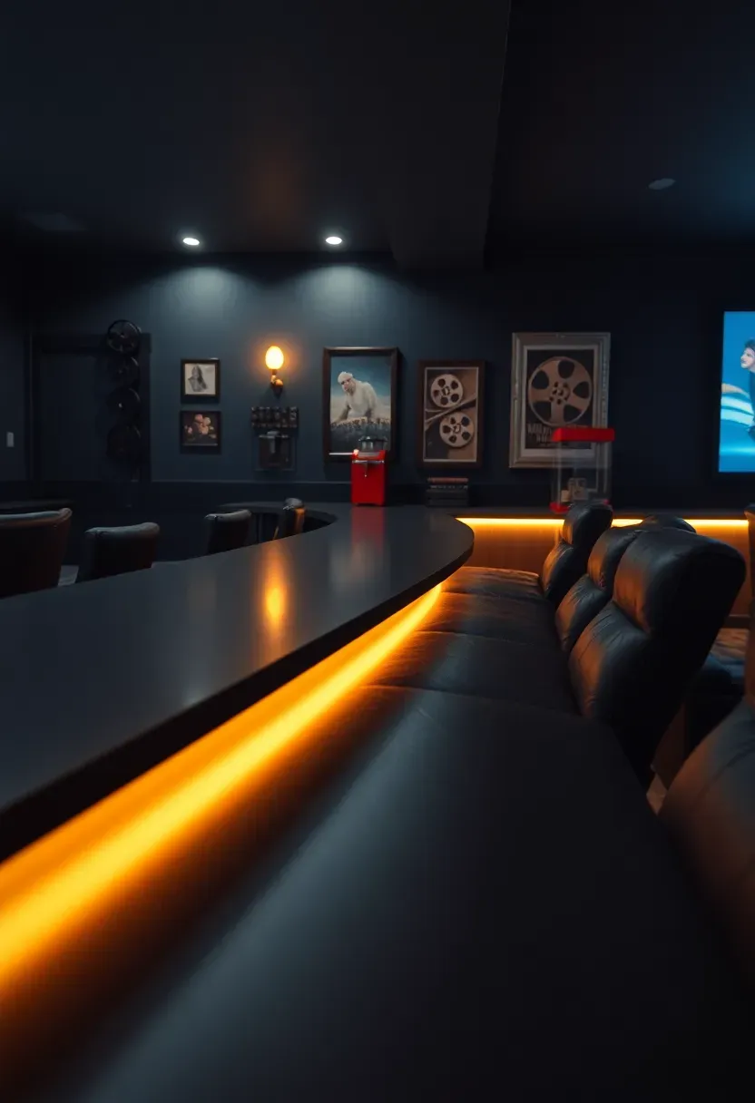 Basement home theater with a backlit bar counter behind the last row of seating, popcorn machine, and film reel wall decor