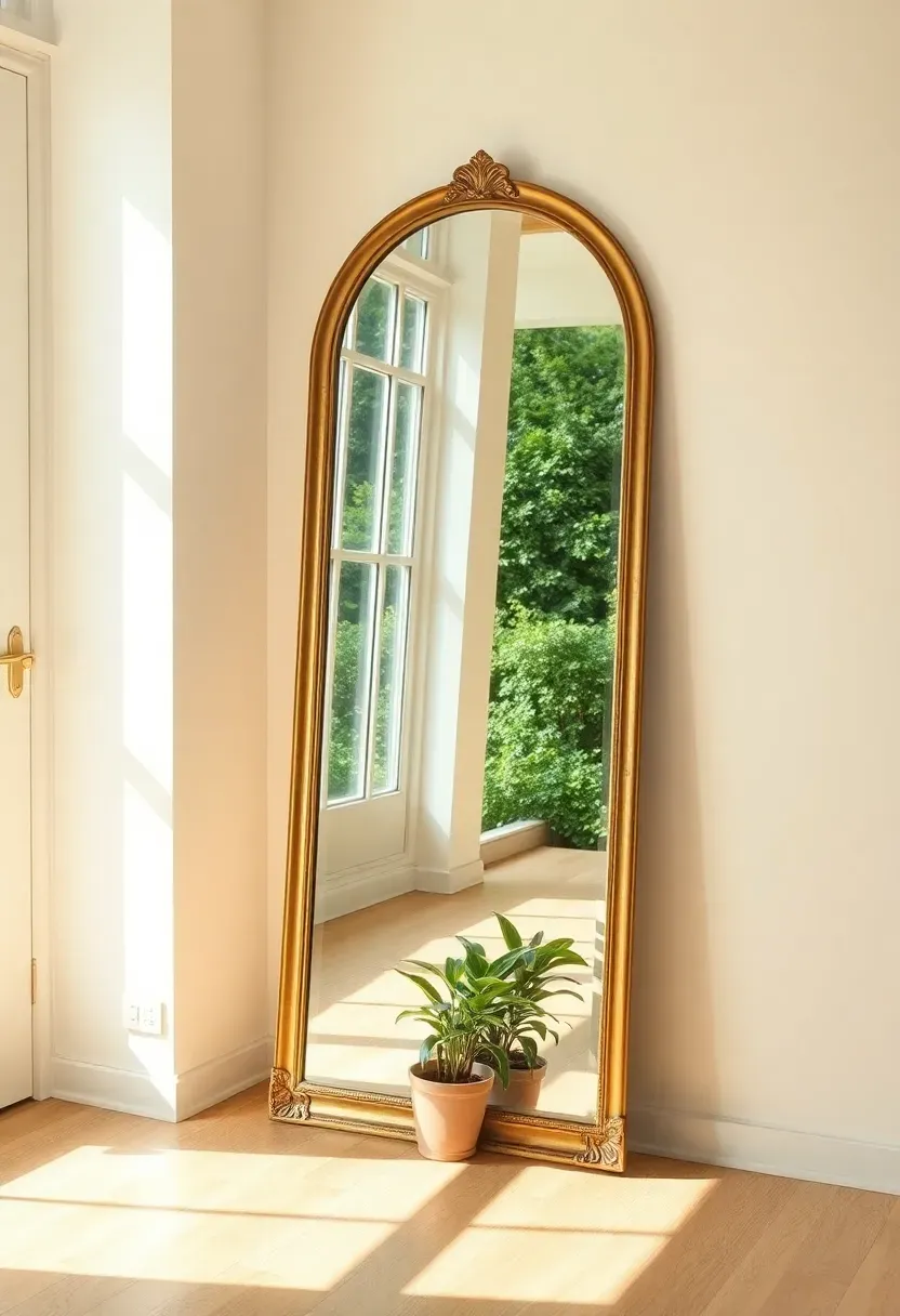 Small sunroom with a large arched floor mirror leaning against the one solid wall, reflecting the glass windows and garden view on the opposite side, doubling the visual depth of the room