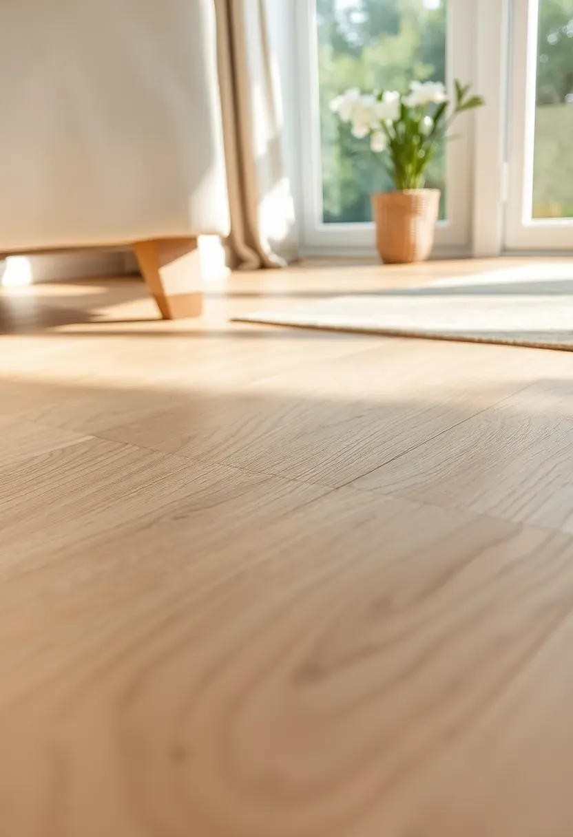 Wide plank pale ash wood floor in a sunroom catching natural light from large glass panels, low sofa visible in background