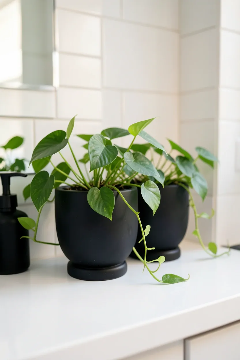 Matte black ceramic planters with pothos and snake plants on bathroom shelf — affordable botanical decor for a dark-themed rental bathroom