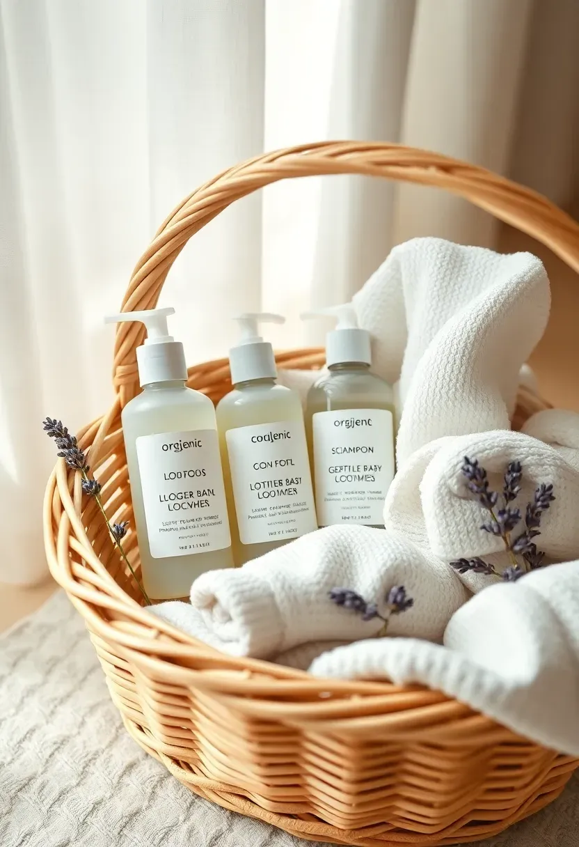 organic baby skincare gift basket with plant-based lotions gentle shampoo cotton washcloths and dried lavender sprigs in a natural woven basket