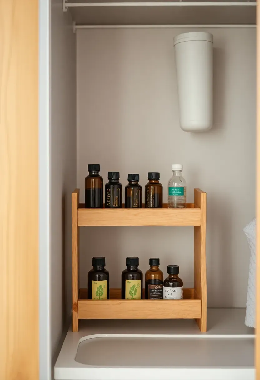 Three-tier wooden spice rack repurposed inside a bathroom closet holding small bottles of essential oils and travel toiletries