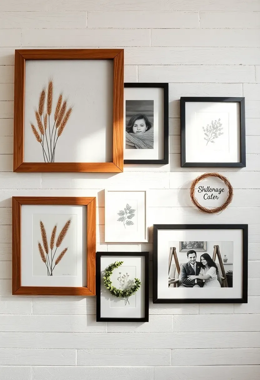 Farmhouse gallery wall with mix of vintage frames, botanical prints, and family photos on shiplap